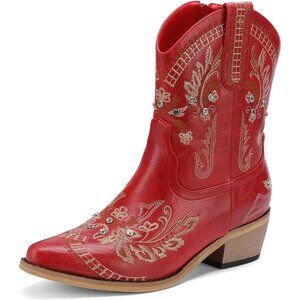 Women's Red Embroidered Side Zipper Comfortable Chunky Heel Western Boot